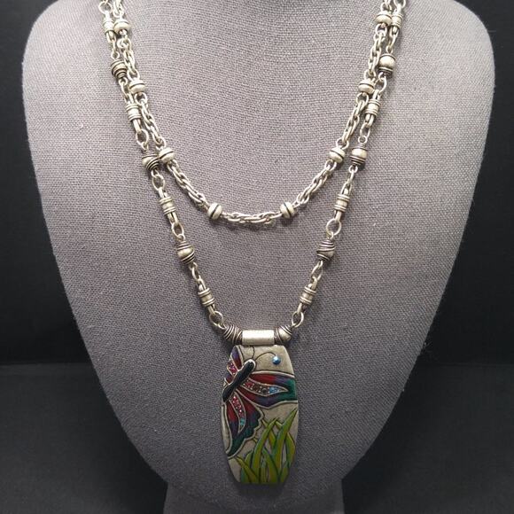 Chico's Butterfly Enamel Rhinestone Pendant Necklace Earrings Set, 21" & 1 1/2" - Picture 6 of 10